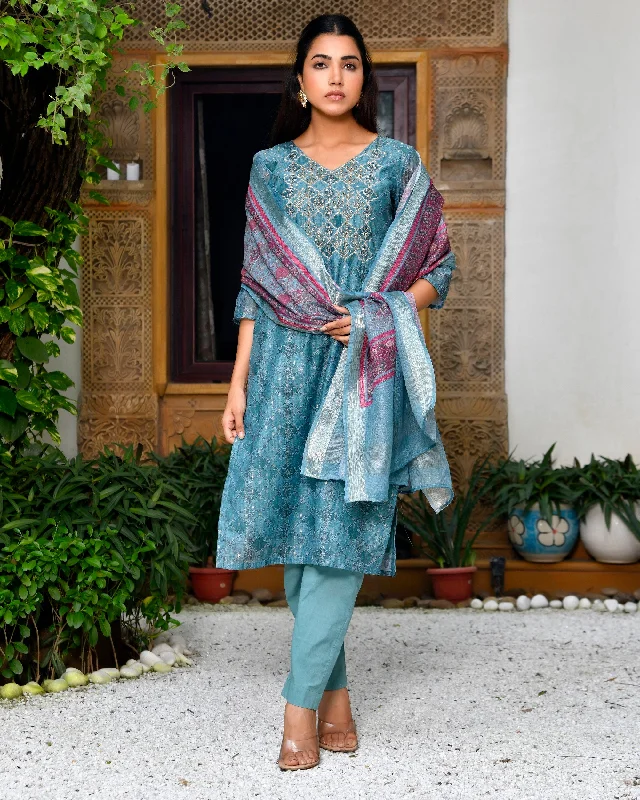 Vaasva Women Chanderi Printed Suit Set With Pant And Printed Dupatta-156VAASCOBALTBLUE