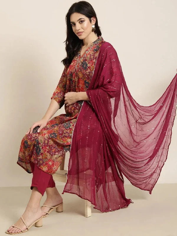 Women Straight Maroon Floral Kurta and Trousers Set Comes With Dupatta-DK-3551-Maroon