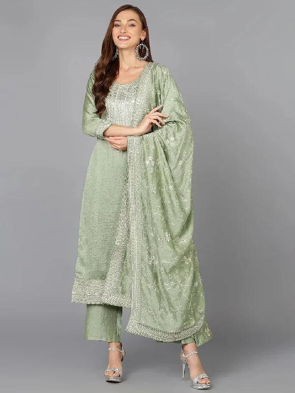 Silk Blend Sage Green Embroidered Party wear