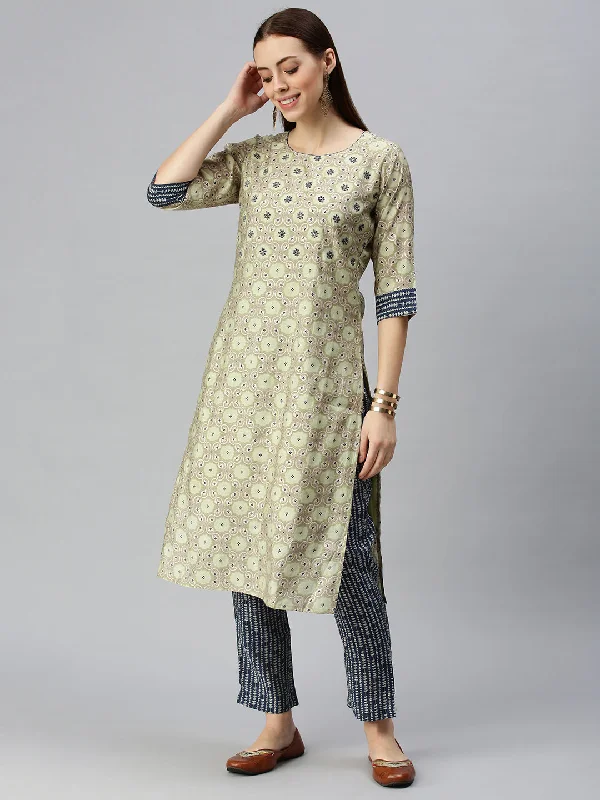 Women Straight Green Printed Kurta and Trousers-SKC3195-Green