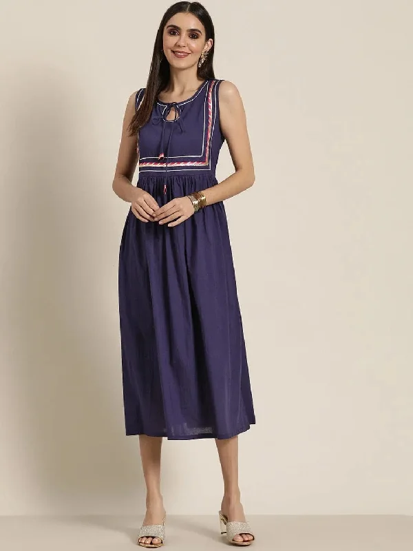 Women Navy Lehariya Gota Lace Gathered Dress