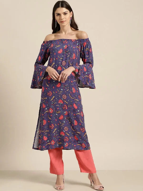 Purple Floral Off Shoulder Kurta with Red Pants