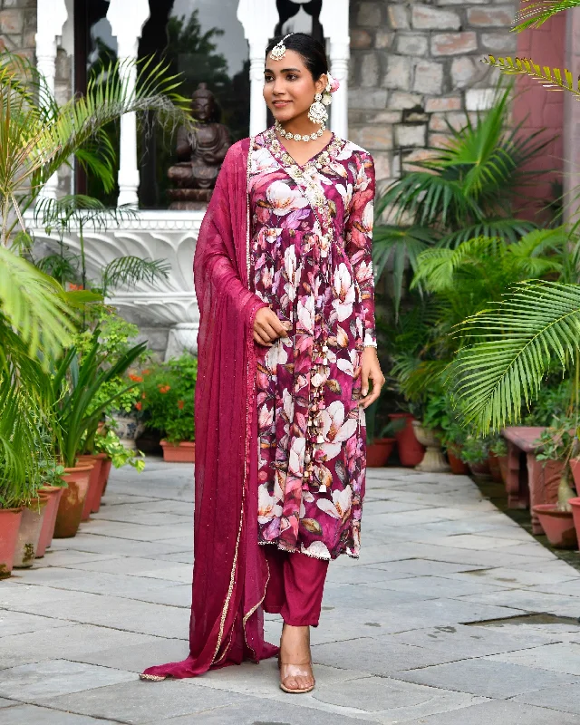 Vaasva Women Chinon Emboidered Angrakha Anarkali Set With Solid Pant & Solid Embroidered Dupatta-167VAASMAROON