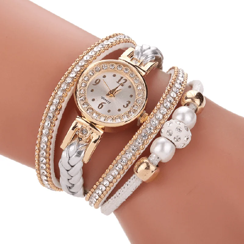 Fashion Style Women Pearl Braided Alloy Women Wrist Watch Laides Dress Quartz Watch Bracelet