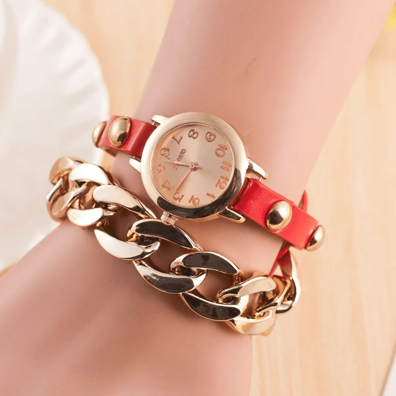 Fashion Women Winding Bracelet Watch Leather Band Ladies Dress Quartz Watch