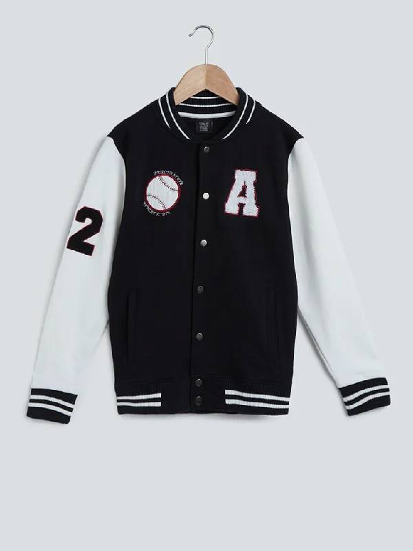 Y&F Kids Black Printed Varsity Jacket