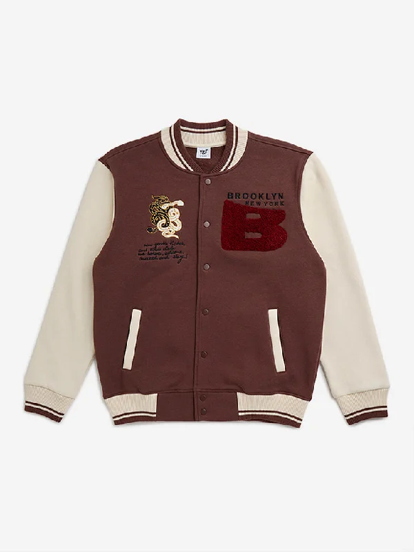 Y&F Kids Brown Text Design Varsity Jacket