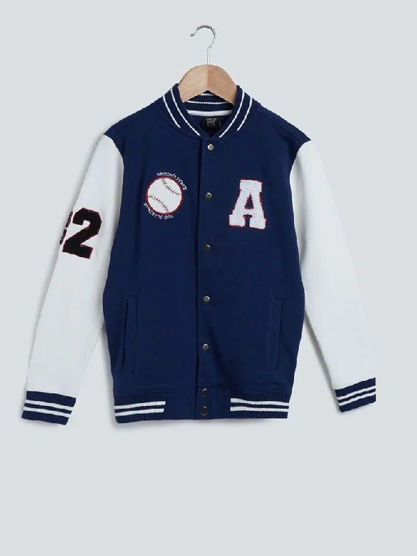 Y&F Kids Navy Printed Varsity Jacket