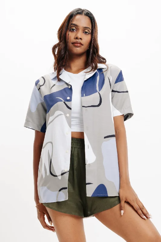 Grey Abstract Print Linen Shirt