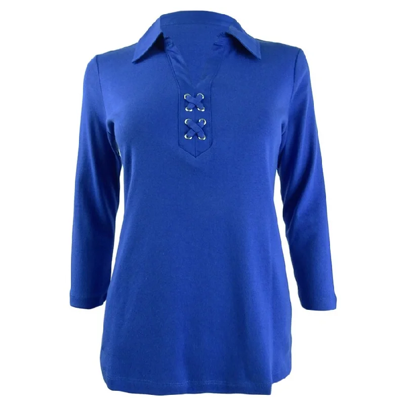 Karen Scott Women's Cotton Lace-Up Shirt (XS, Ultra Blue)