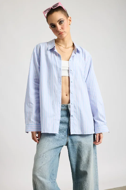 Relaxed Fit Cotton Women's Blue Shirt With Pink Stripes