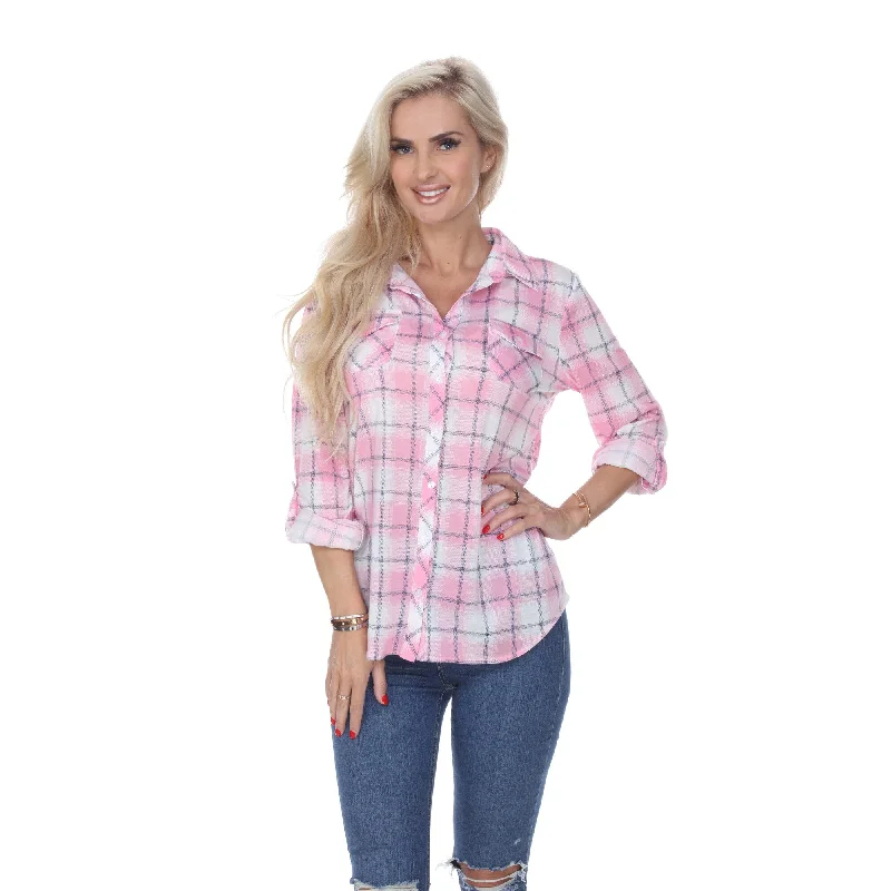 White Mark Womens Stretchy Plaid Flannel Shirt Size S M L Xl 100percent Polyester