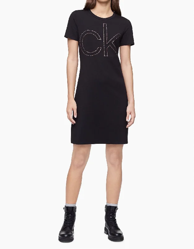 Calvin Klein Rhinestone Logo Short Sleeve T-Shirt Dress - Women