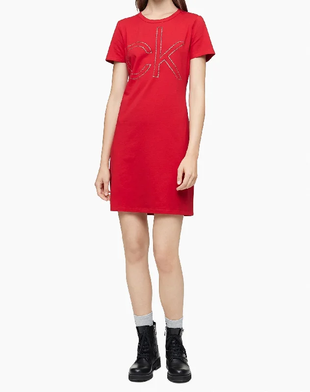 Calvin Klein Rhinestone Logo Short Sleeve T-Shirt Dress - Women