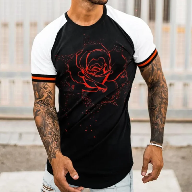 Mens Rose Printed Splice Sleeve T-shirt