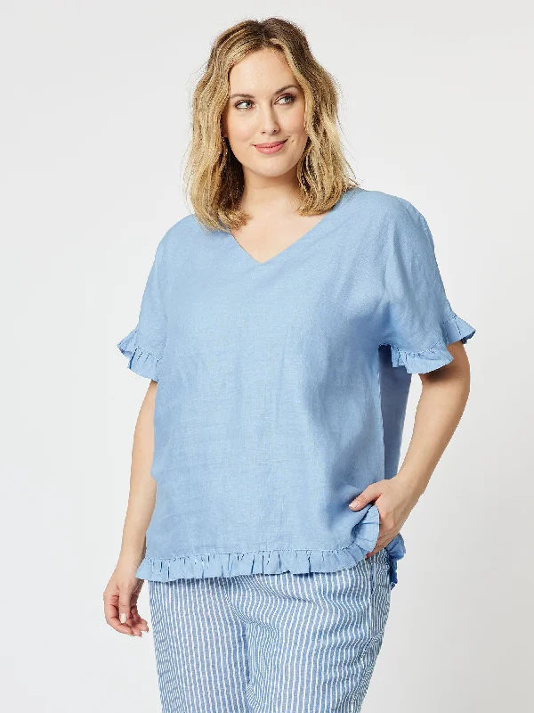 Ruffle Hem Linen Top - Denim