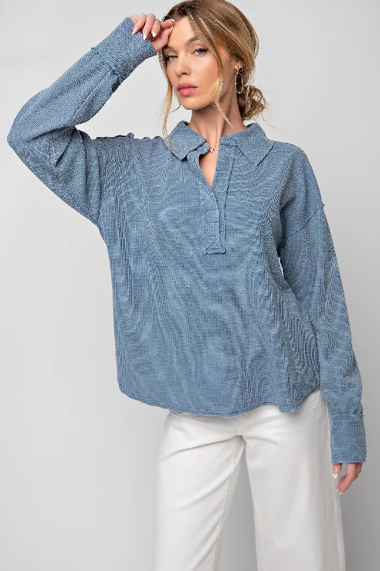 Washed Denim Washed Thermal Henley Knit Top