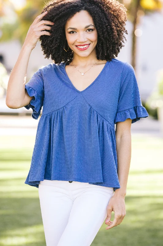 It's Your Time Denim Blue Ribbed Babydoll Top