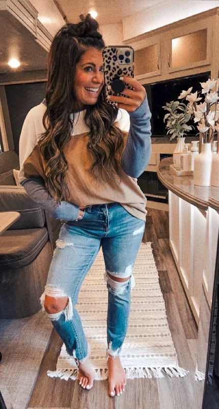 Mocha/Denim Fall Vibes Color Block Top