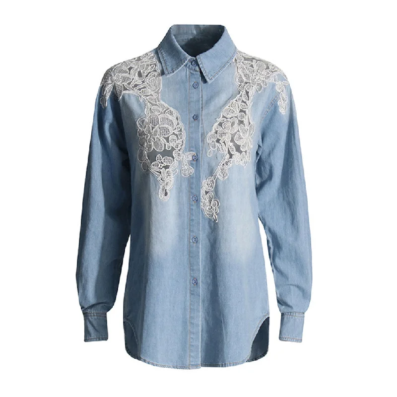 Exquisite Collared Button Up Embroidered Lace Floral Faded Denim Shirt