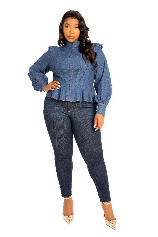 Long Sleeve Denim Peplum Blouse