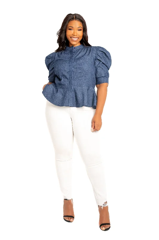 Ruched Sleeve Denim Peplum Blouse