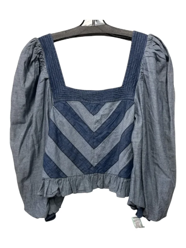 Love The Label Size L Blue Print Cotton Denim Square Neck Chevron Top