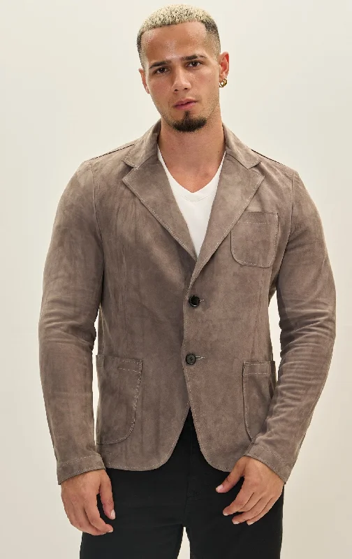 Classic Two-Button Suede Leather Blazer - Grey