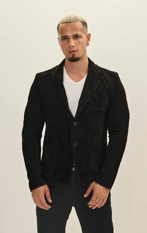 Classic Two-Button Suede Leather Blazer - Black