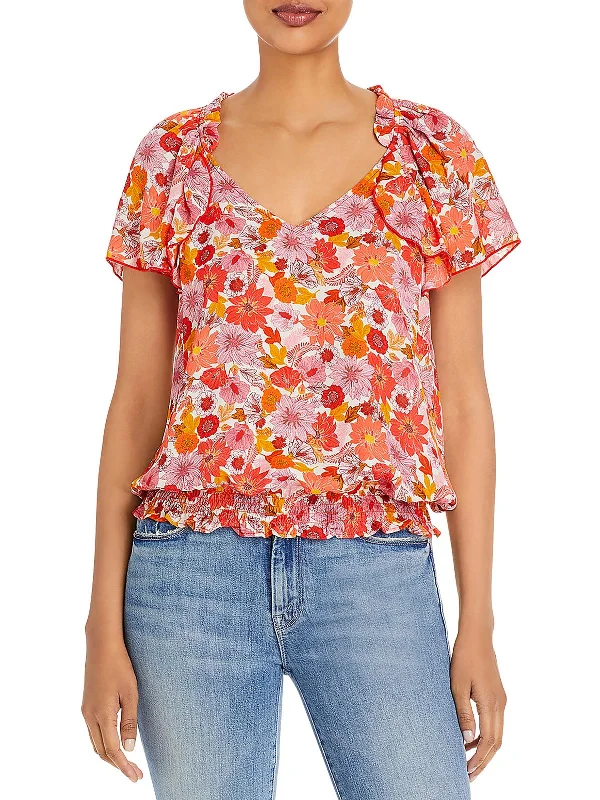 Womens Floral Print Ruffle-Neck Pullover Top