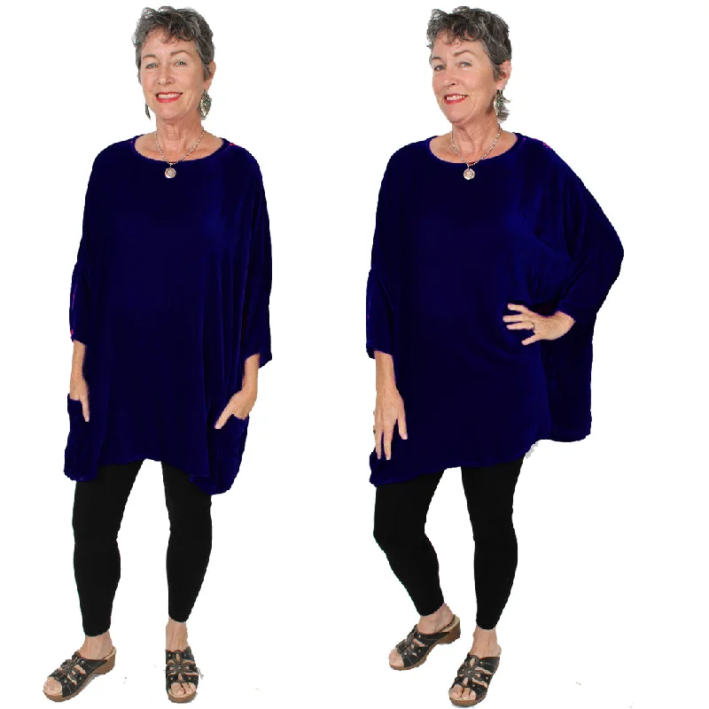 Midnight Blue Velvet Cut Loose One-Size Boxy Pullover Boho Sophisticated Casual Sml-7x