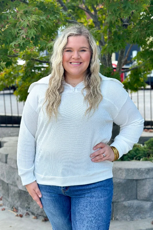 Cream Ribbed Collared Half Zip Pullover