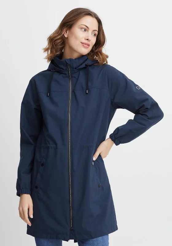 Fransa Pafasa Detachable Hood Mid Length Jacket, Navy Blazer