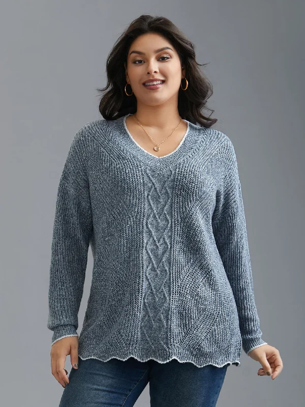 Plain Textured Contrast Trim Cable Knit Pullover