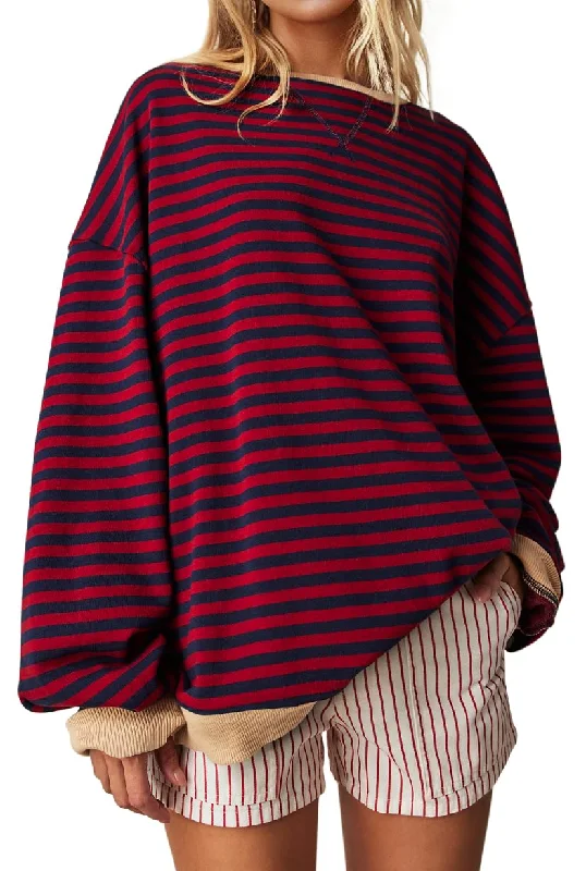 UEU Womens Oversized Striped Pullover Long Sleeve Crew Neck Sweatshirts for Fall Red Navy Striped Large